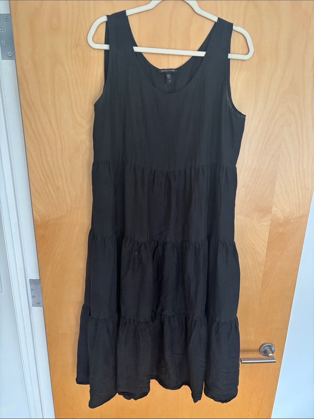 100% Silk Eileen Fisher Black Tiered Maxi Dress size S/P. But runs big.